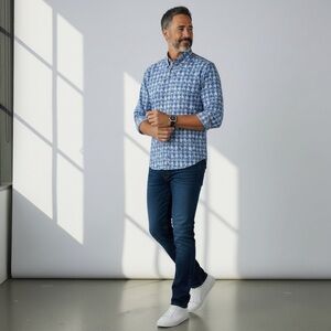 Con.Struct Men's Blue Plaid/Patterned Dress Shirt Blue/Gray Size-XL EUC